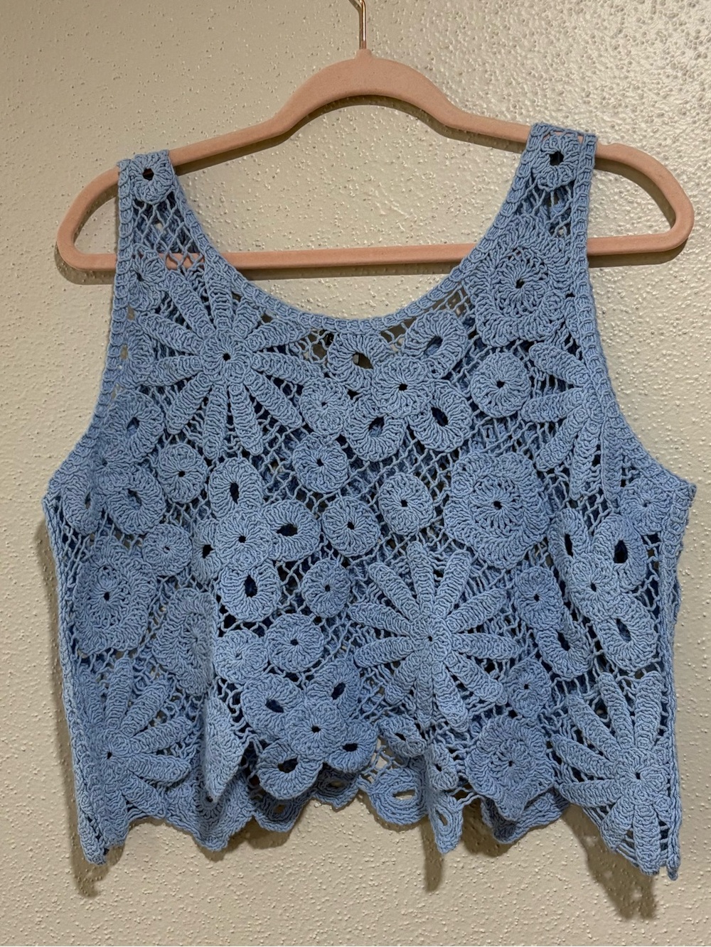 Yaira Blue Crochet Floral Tank Top XL Boho Beach Festival Sleeveless - Picture 2 of 3